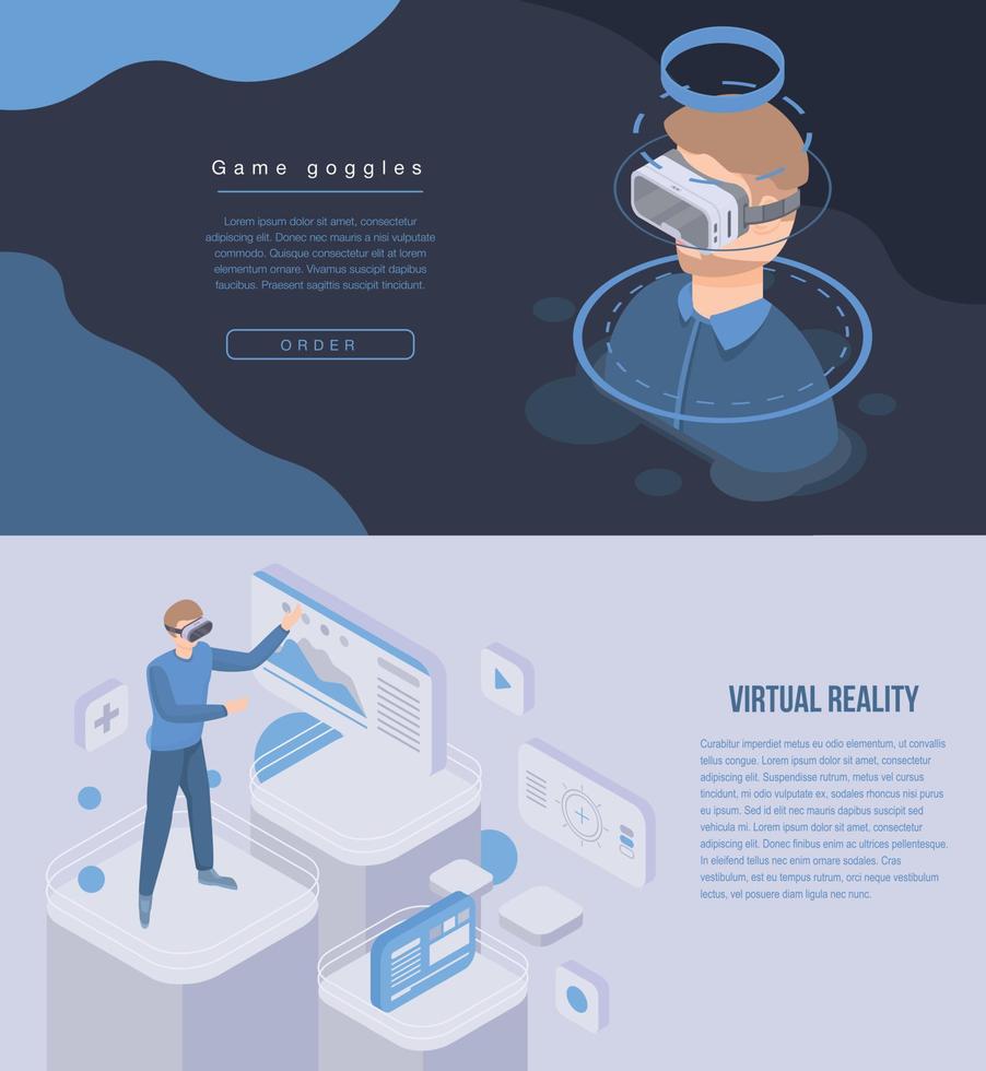 Game goggles vr banner set, isometric style vector