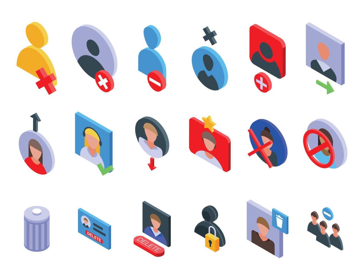 Delete user icons set, isometric style vector