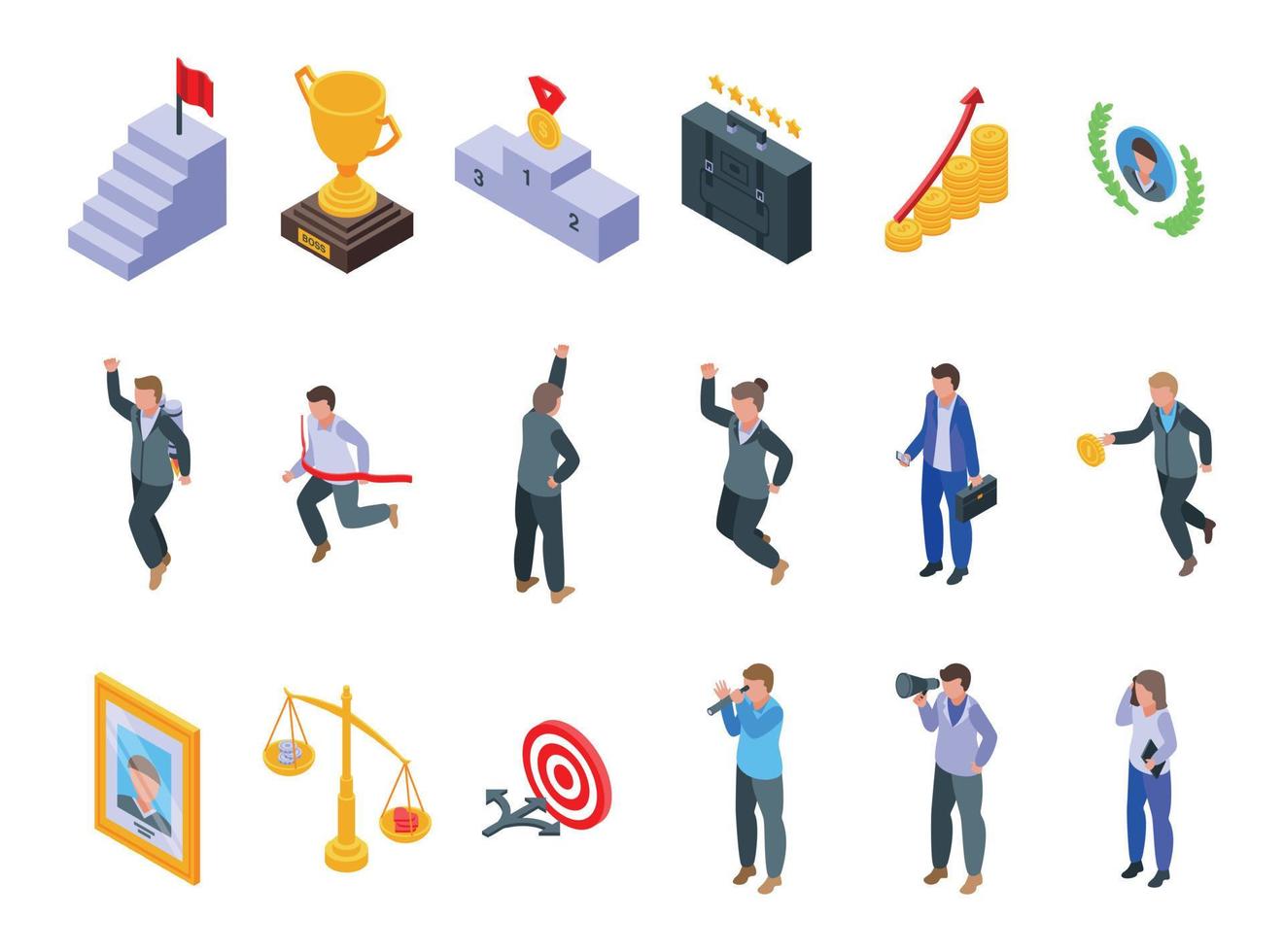 Successful career icons set, isometric style vector