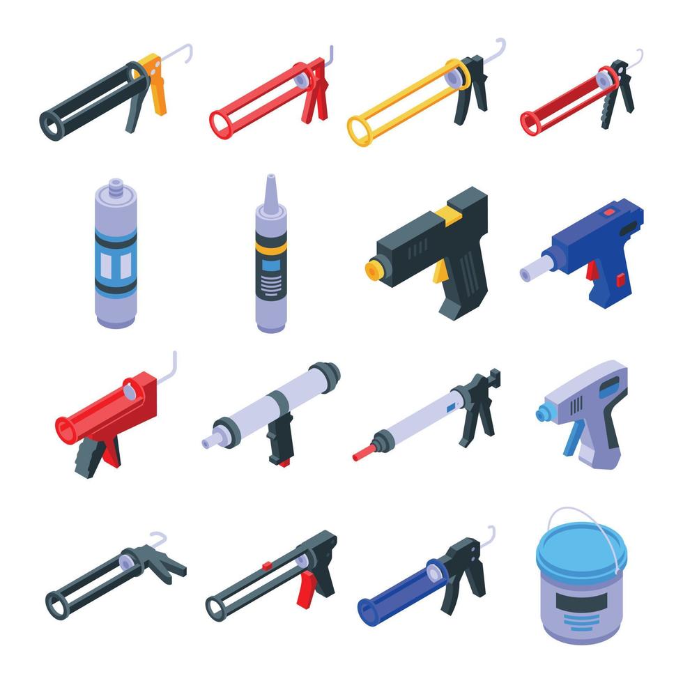 Silicone caulk gun icons set, isometric style vector