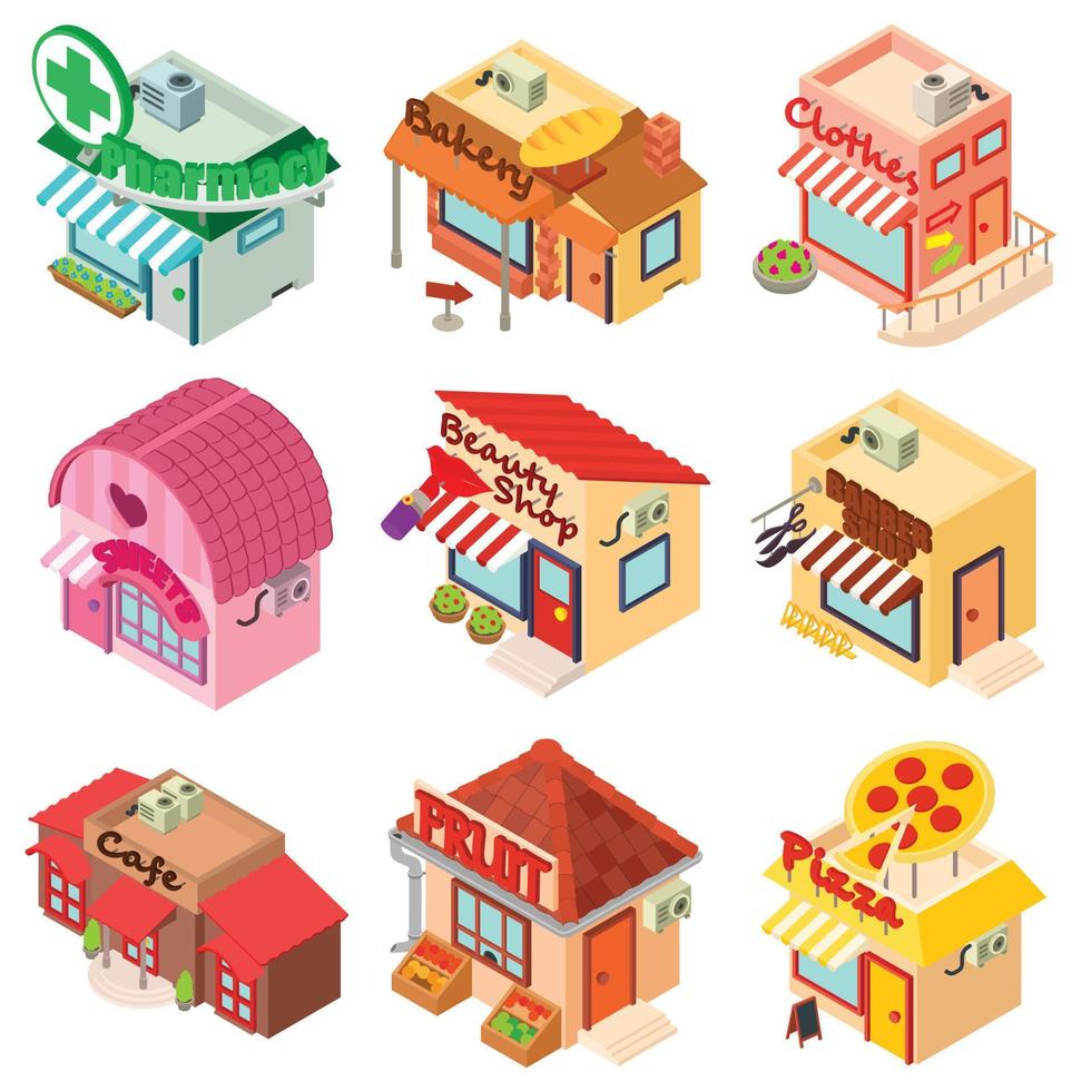 Conjunto de iconos de tienda frontal de fachada de tienda, estilo isométrico vector