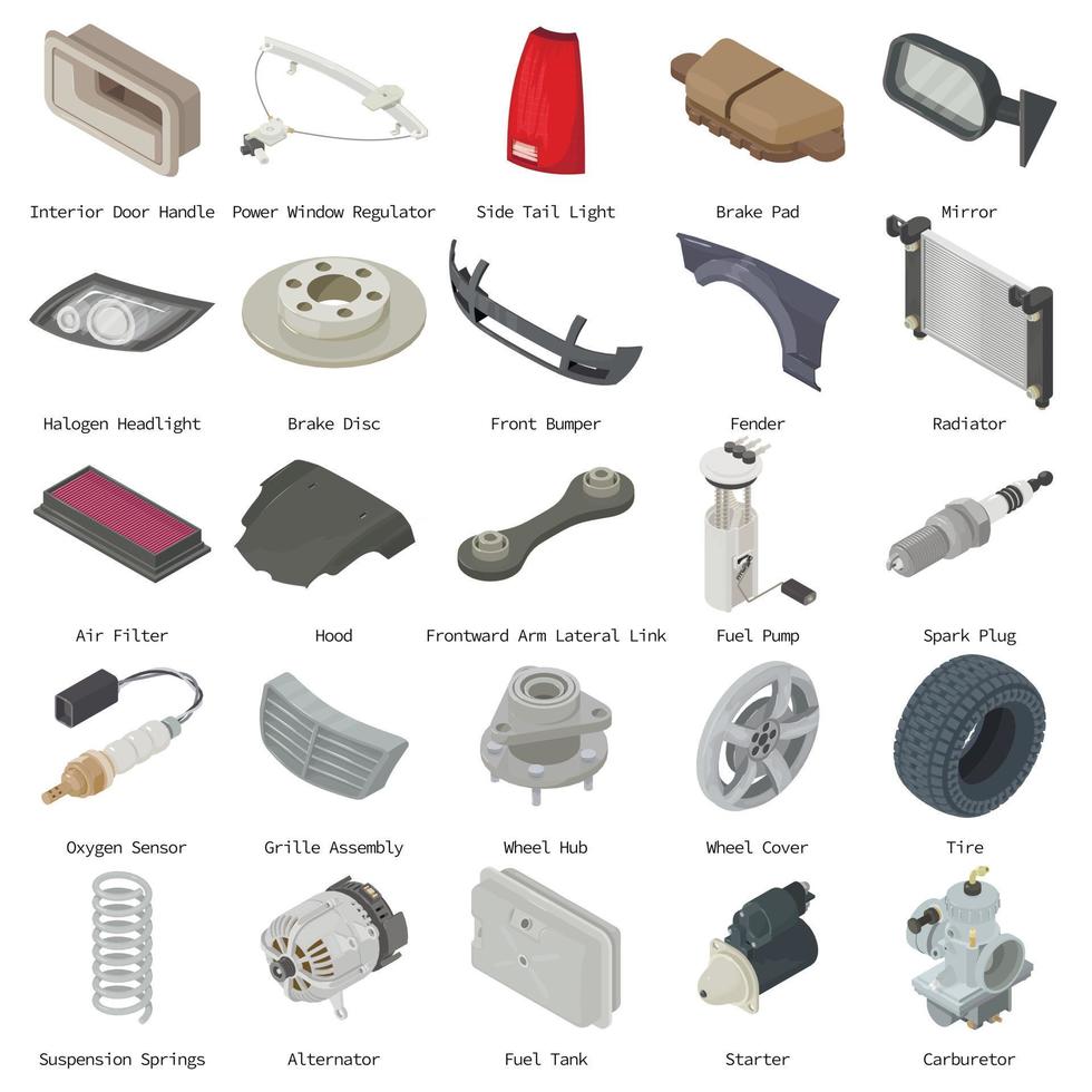 Car parts icons set, isometric style vector