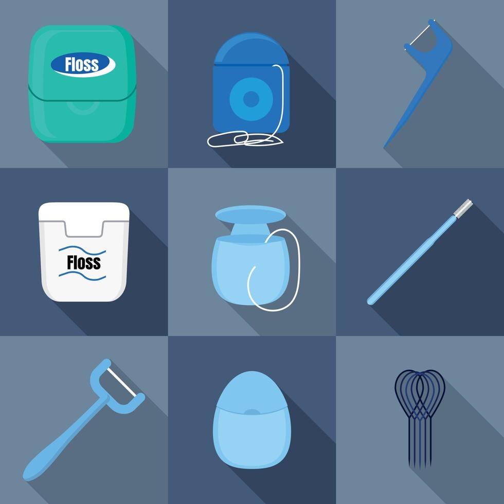 conjunto de iconos de hilo dental, estilo plano vector