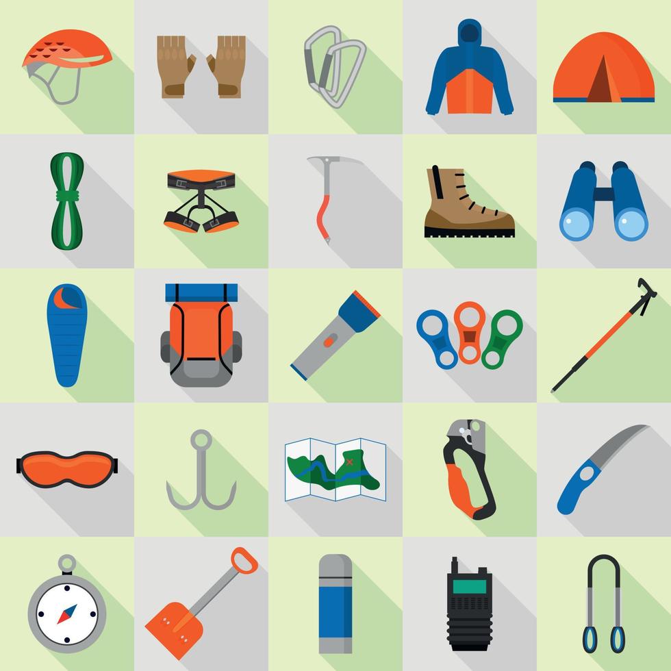 Mountaineering equipment icons set, flat style vector