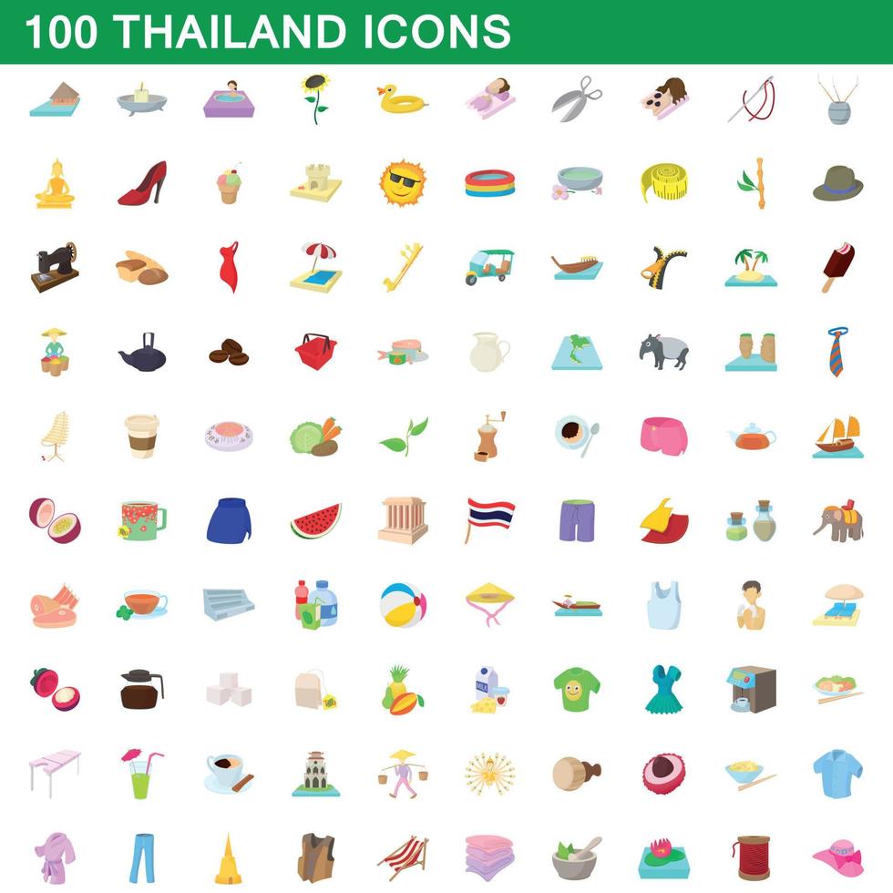 100 thailand icons set, cartoon style vector
