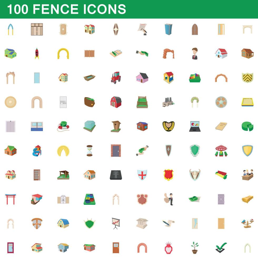 100 iconos de valla, estilo de dibujos animados vector