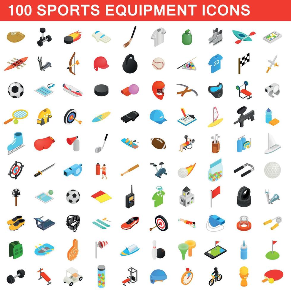 100 sports equipment icons set, isometric 3d style vector