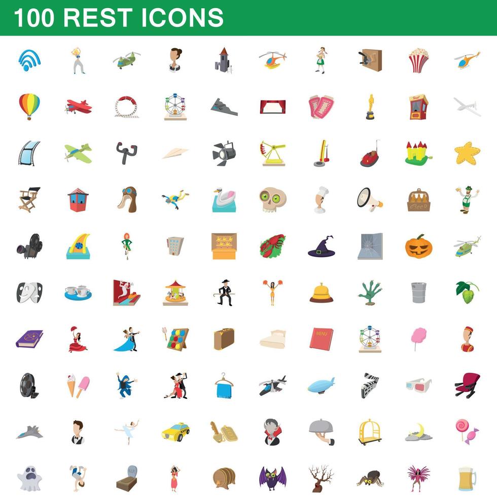 100 rest icons set, cartoon style vector