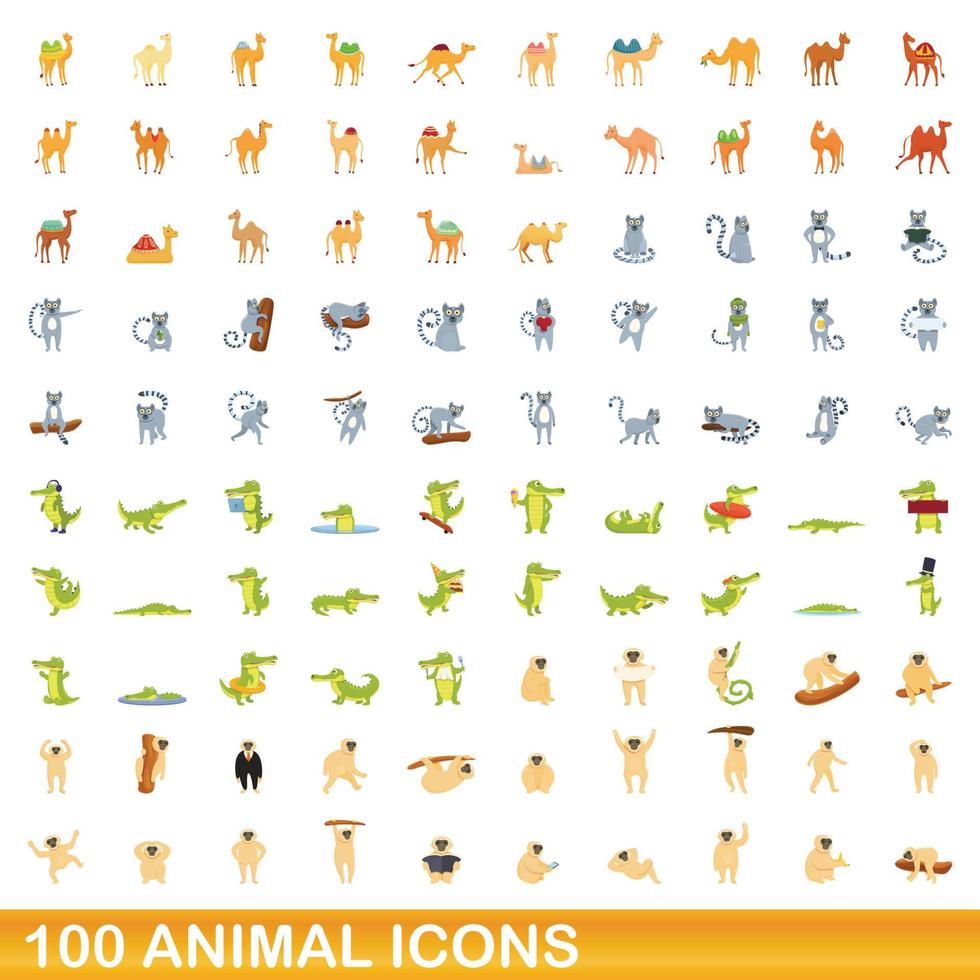 100 animal icons set, cartoon style vector