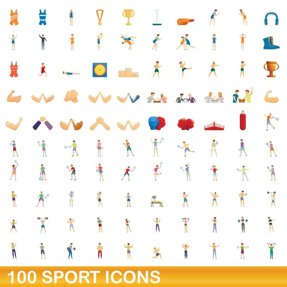 100 iconos deportivos, estilo de dibujos animados vector