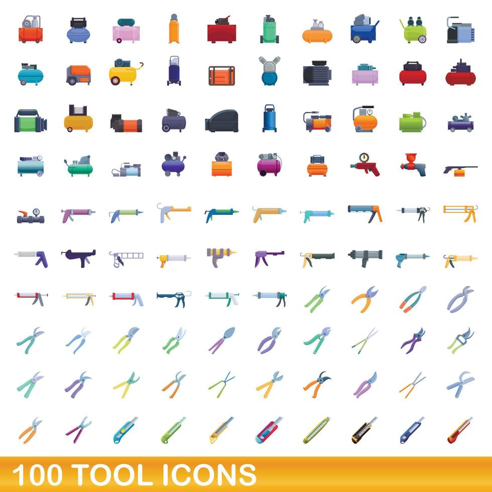 100 iconos de herramientas, estilo de dibujos animados vector