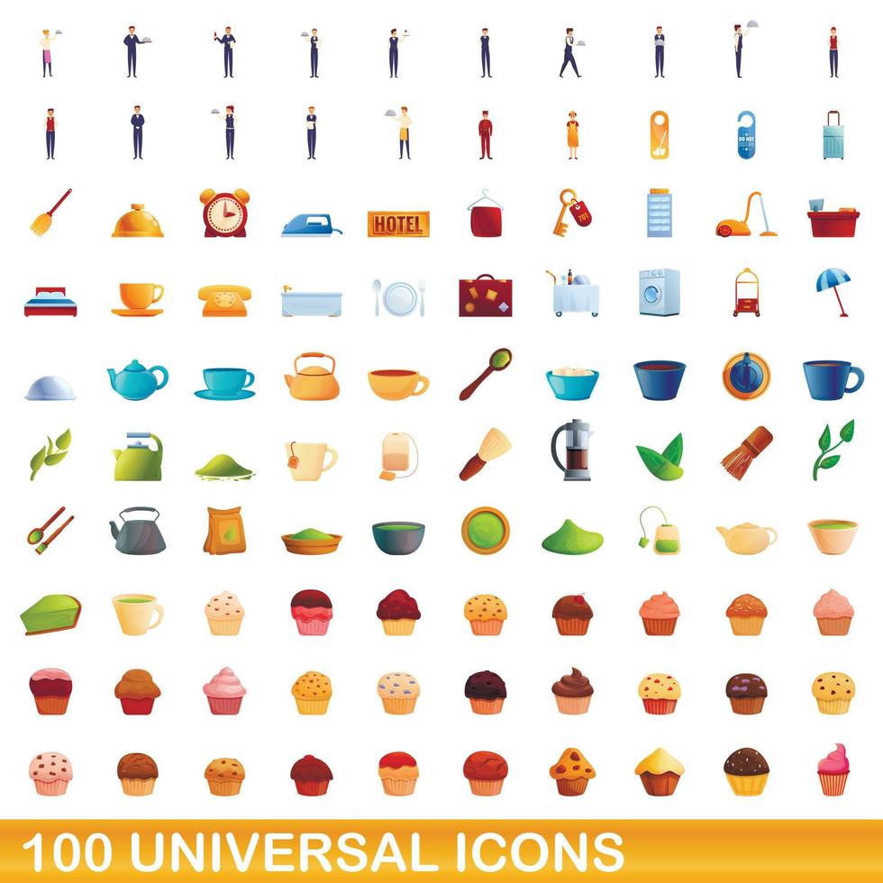 100 universal icons set, cartoon style vector