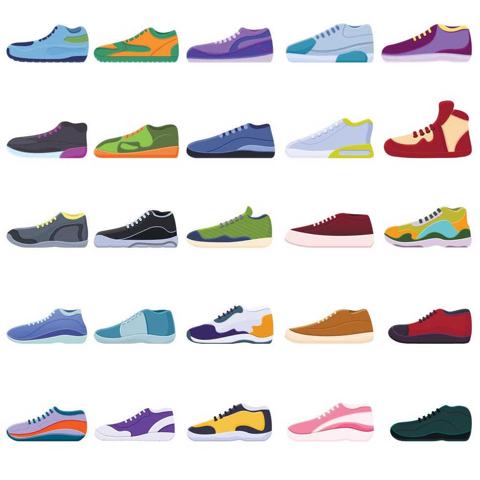 Sneakers icons set, cartoon style vector