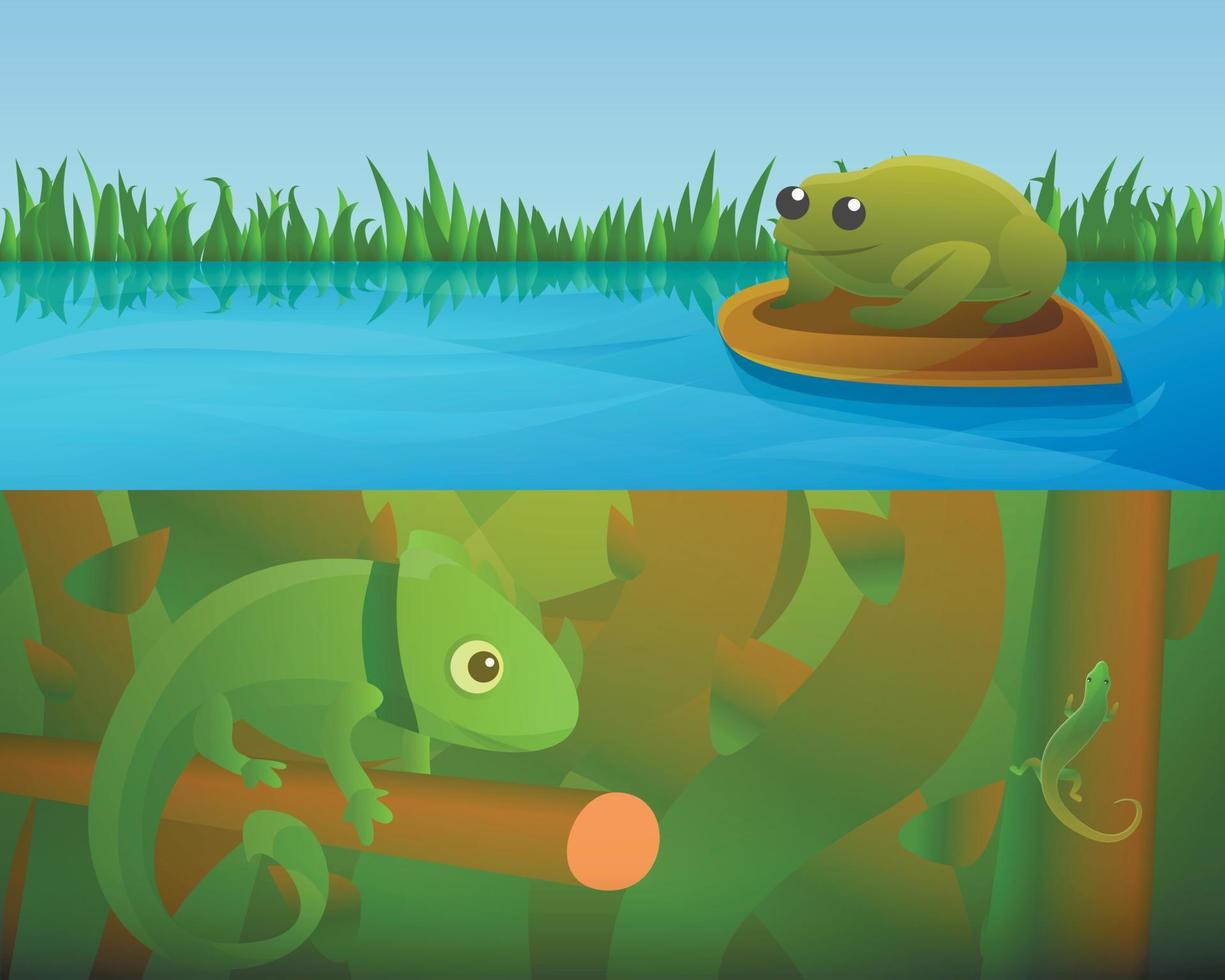 Reptiles amphibians banner set, cartoon style vector