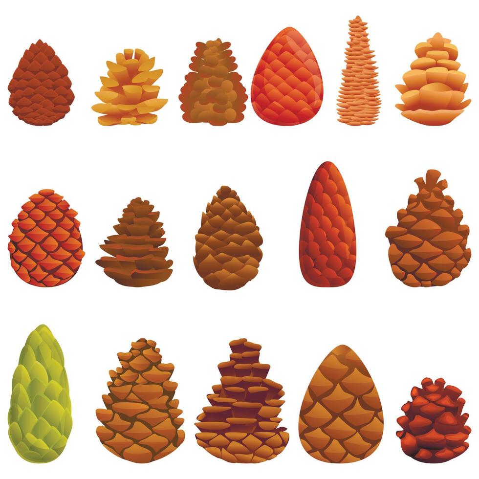 Pine cone icons set, cartoon style vector