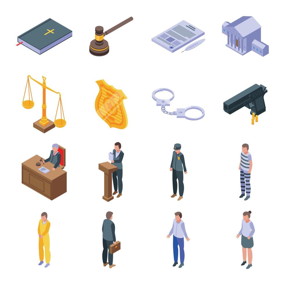 Criminal justice icons set, isometric style vector