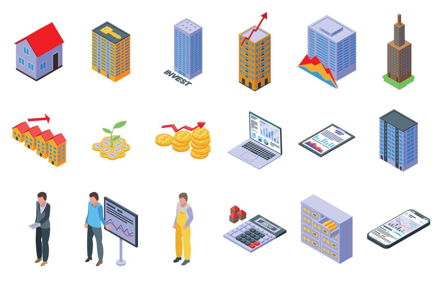 Property investments icons set, isometric style vector