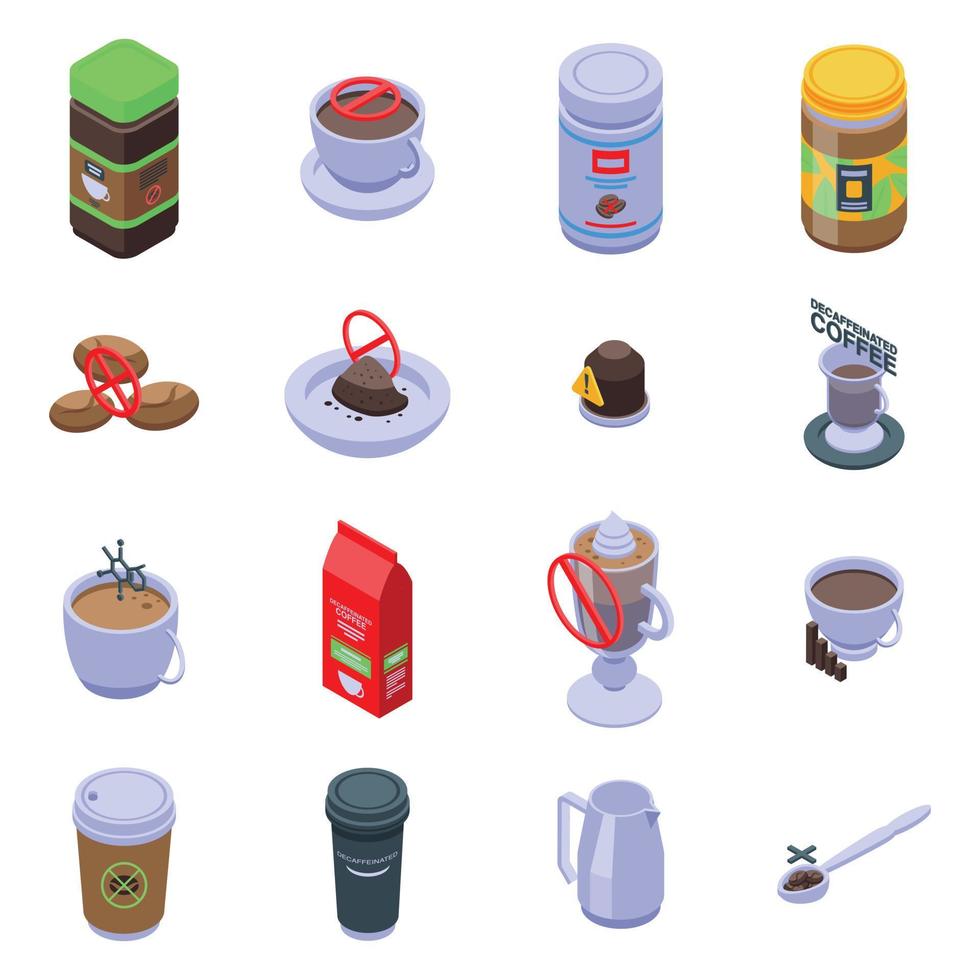 Decaffeinated coffee icons set, isometric style vector