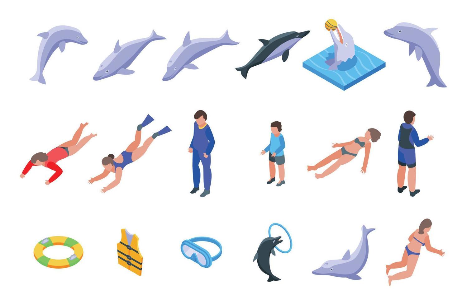 Swim with dolphins icons set, isometric style vector