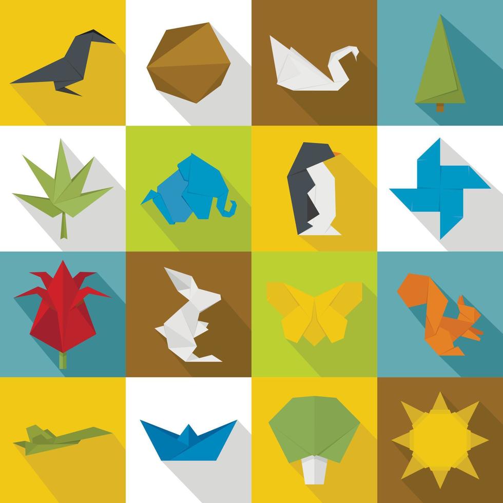 Origami icons set, flat style vector