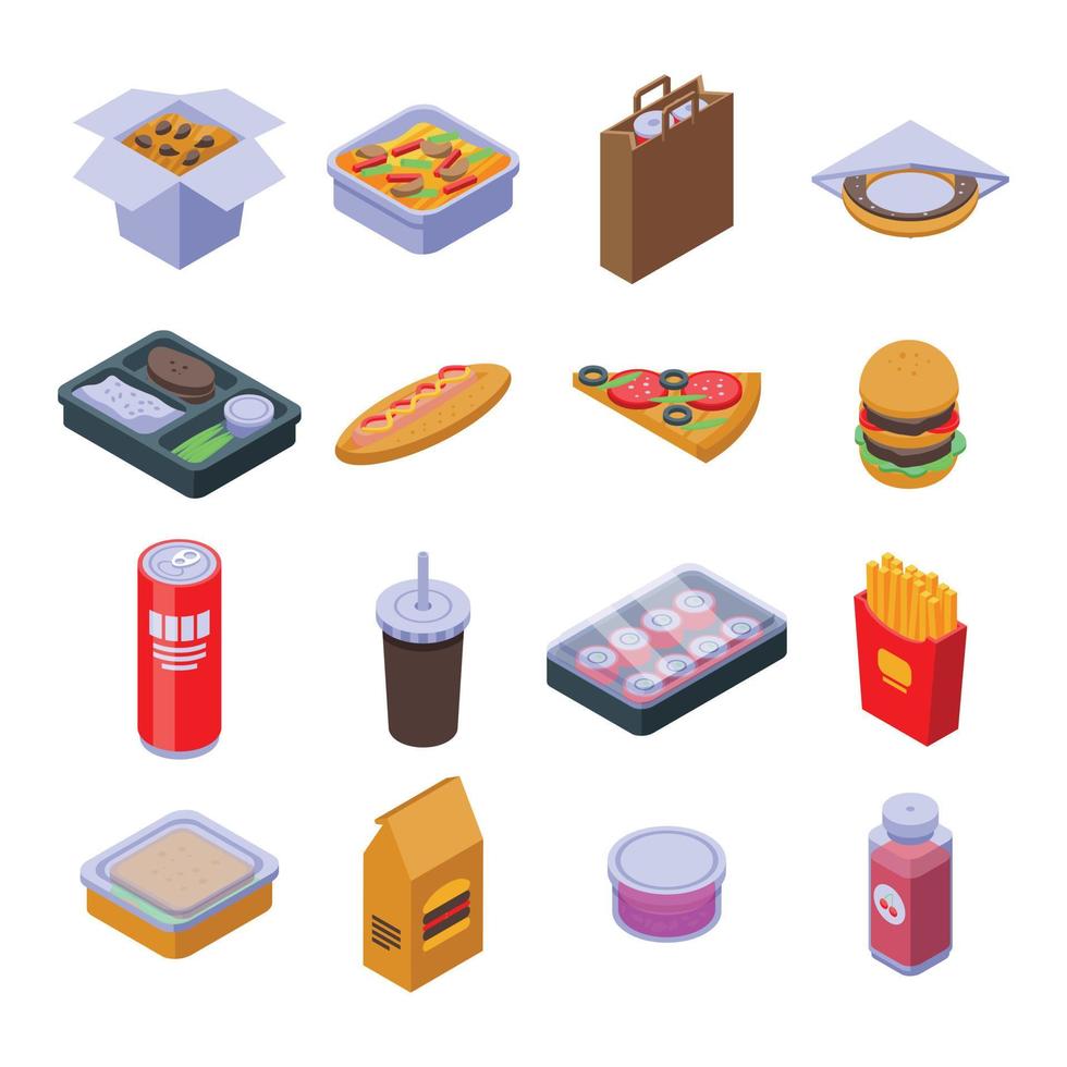 Takeaway food icons set, isometric style vector