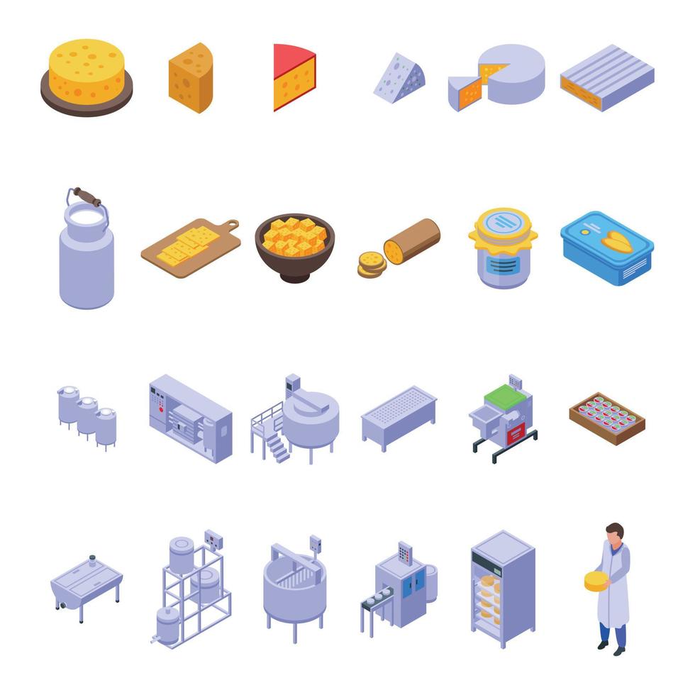conjunto de iconos de producción de queso, estilo isométrico vector