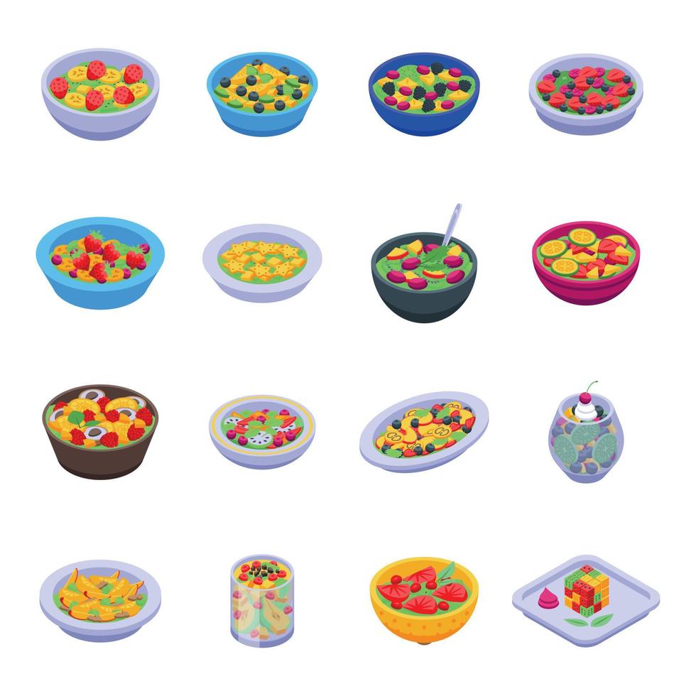 Fruit salad icons set, isometric style vector