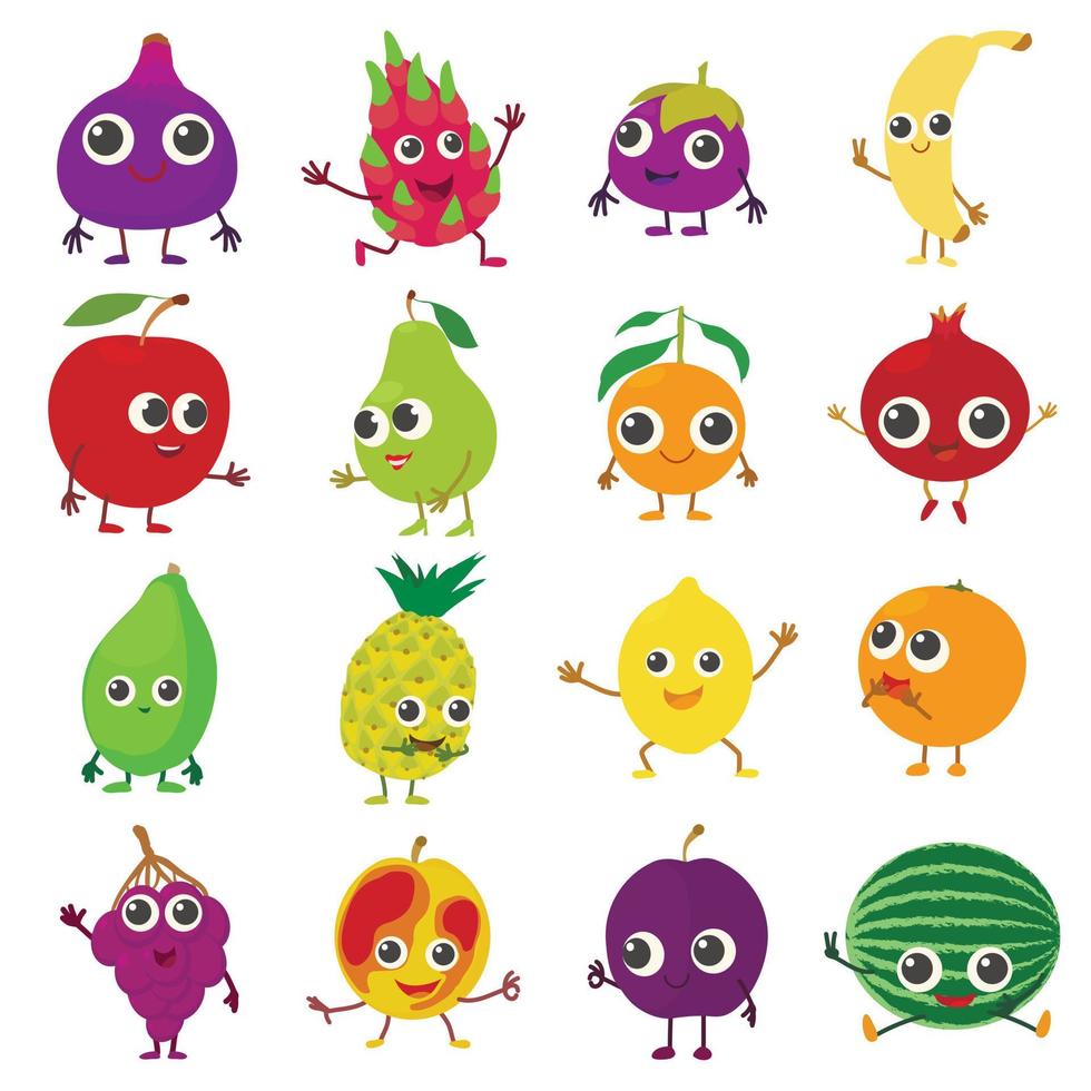 Smiling fruit icons set, cartoon style vector
