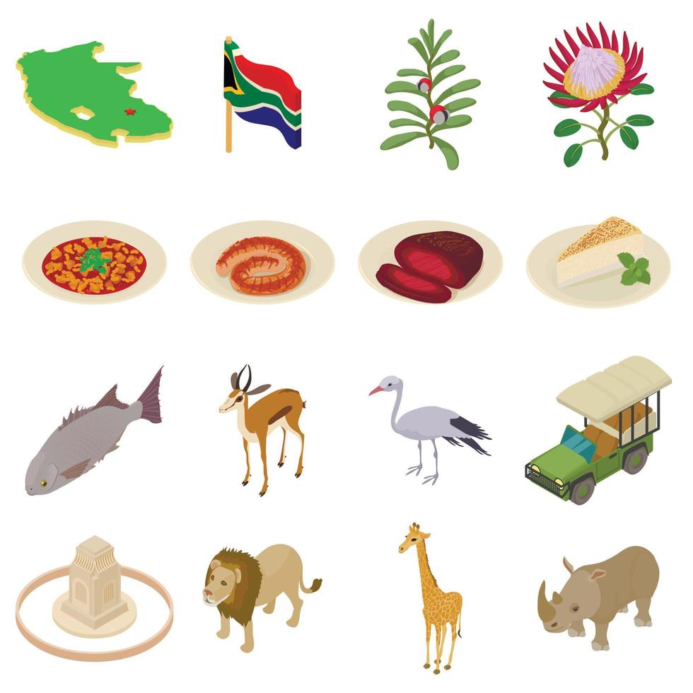 Conjunto de iconos de viaje de Sudáfrica, estilo isométrico vector