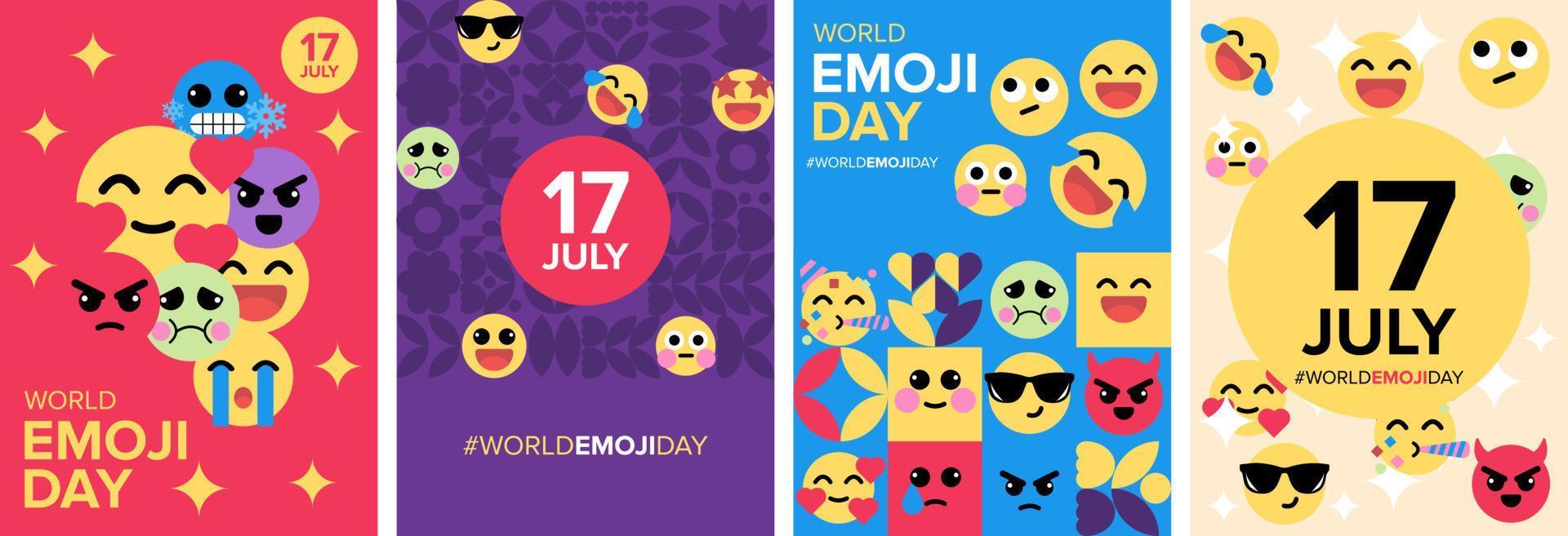 cartel del día emoji mundial y plantilla de vector geométrico de tarjeta de felicitación. 17 de julio, colección de portadas de libros emoji.