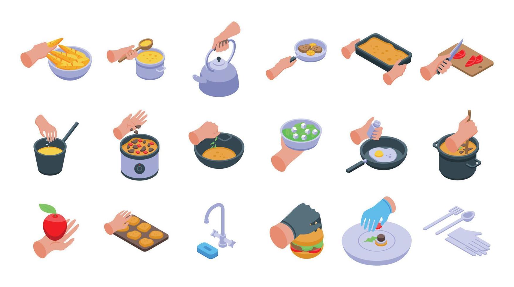 Hands preparing foods icons set, isometric style vector