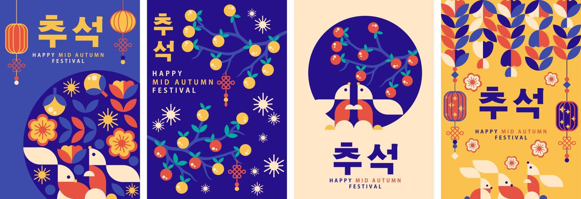 cartel geométrico del festival coreano de mediados de otoño, fondo, tarjeta de felicitación, colección de juegos de vectores de portada de libros