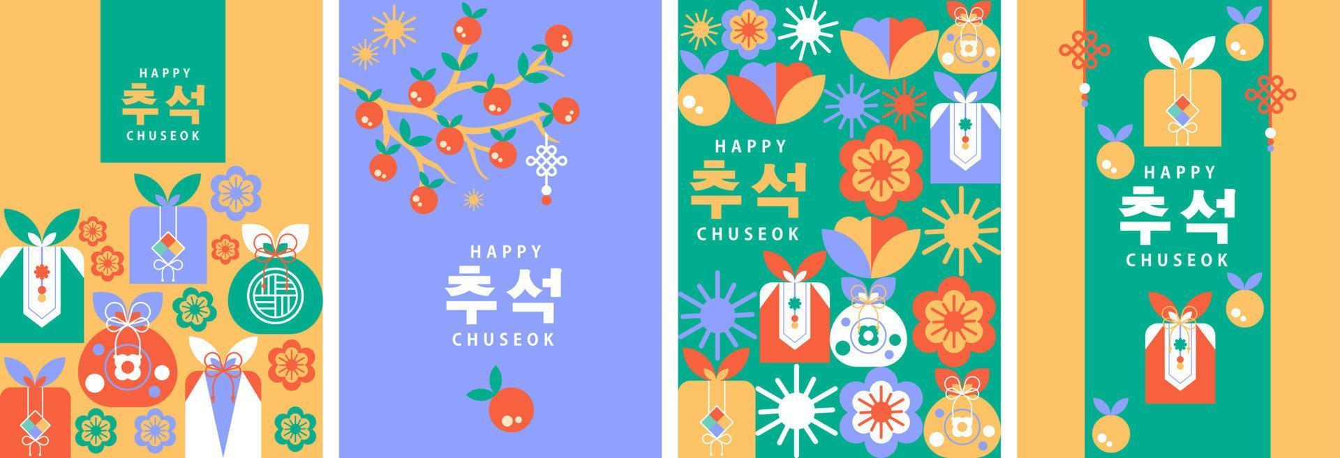 feliz chuseok cartel geométrico coreano de acción de gracias, ilustración, tarjeta de felicitación. tapa del libro. colección de conjunto de vectores