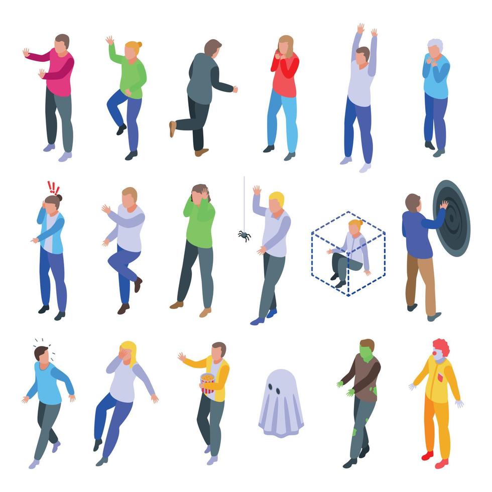 Frightened people icons set, isometric style vector