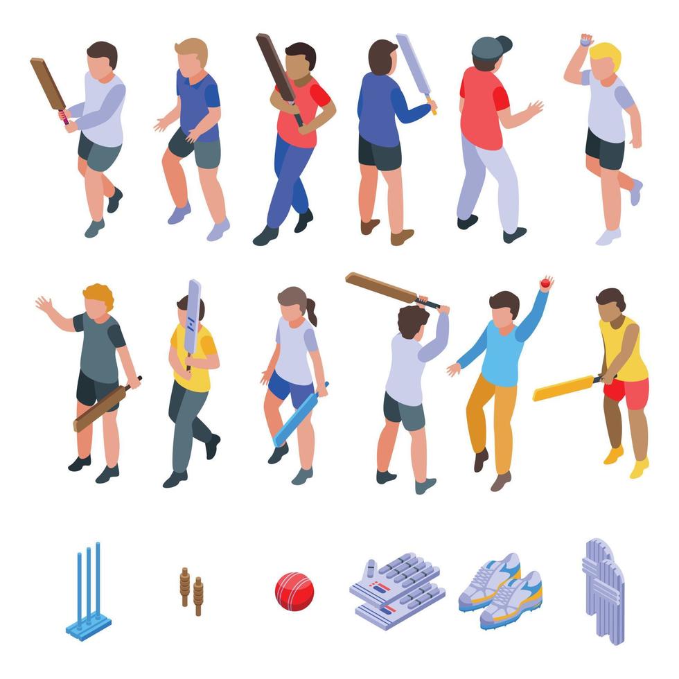 niños jugando al cricket, conjunto de iconos de estilo isométrico vector