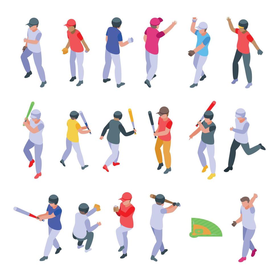 Kids playing baseball icons set, isometric style vector