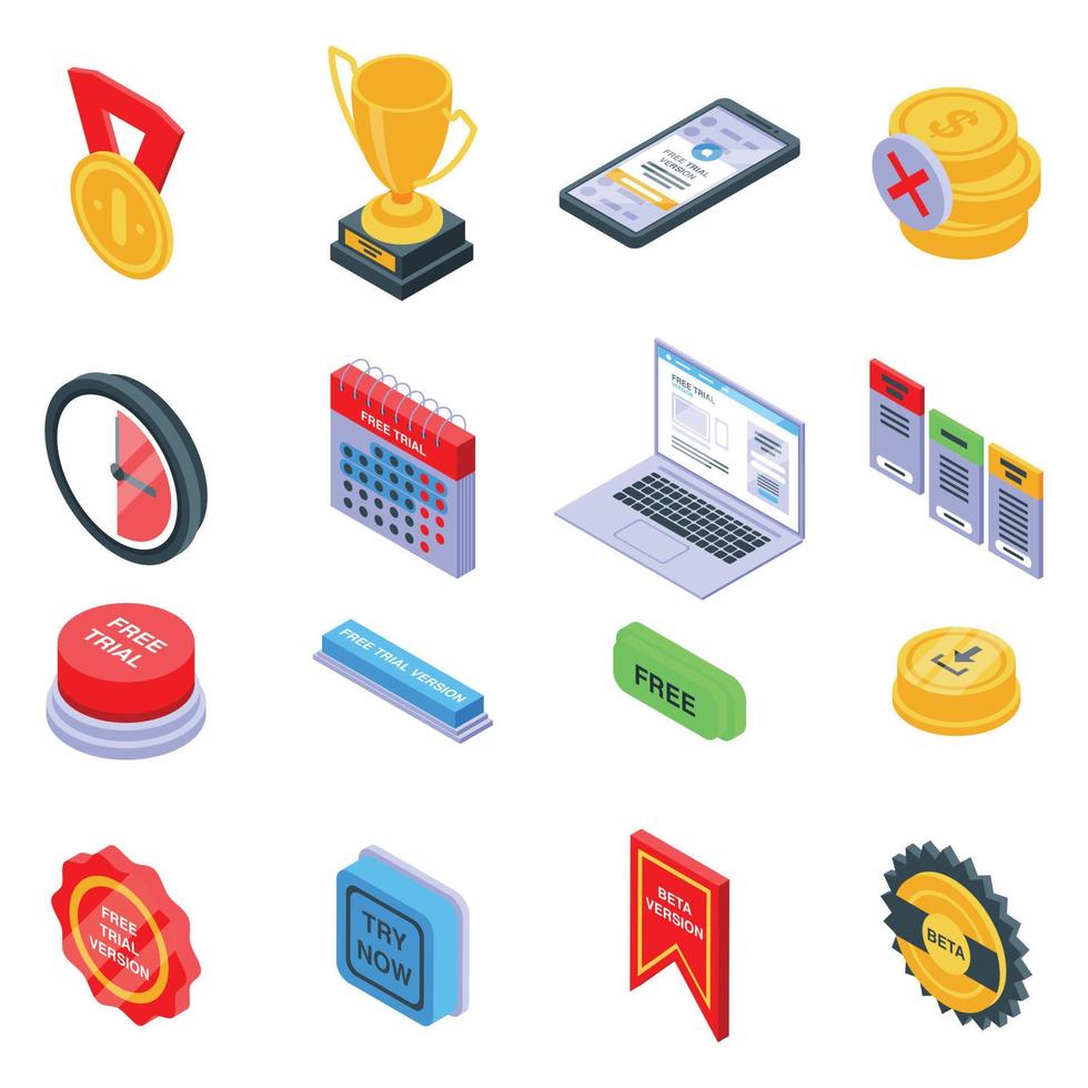 Free trial version icons set, isometric style vector