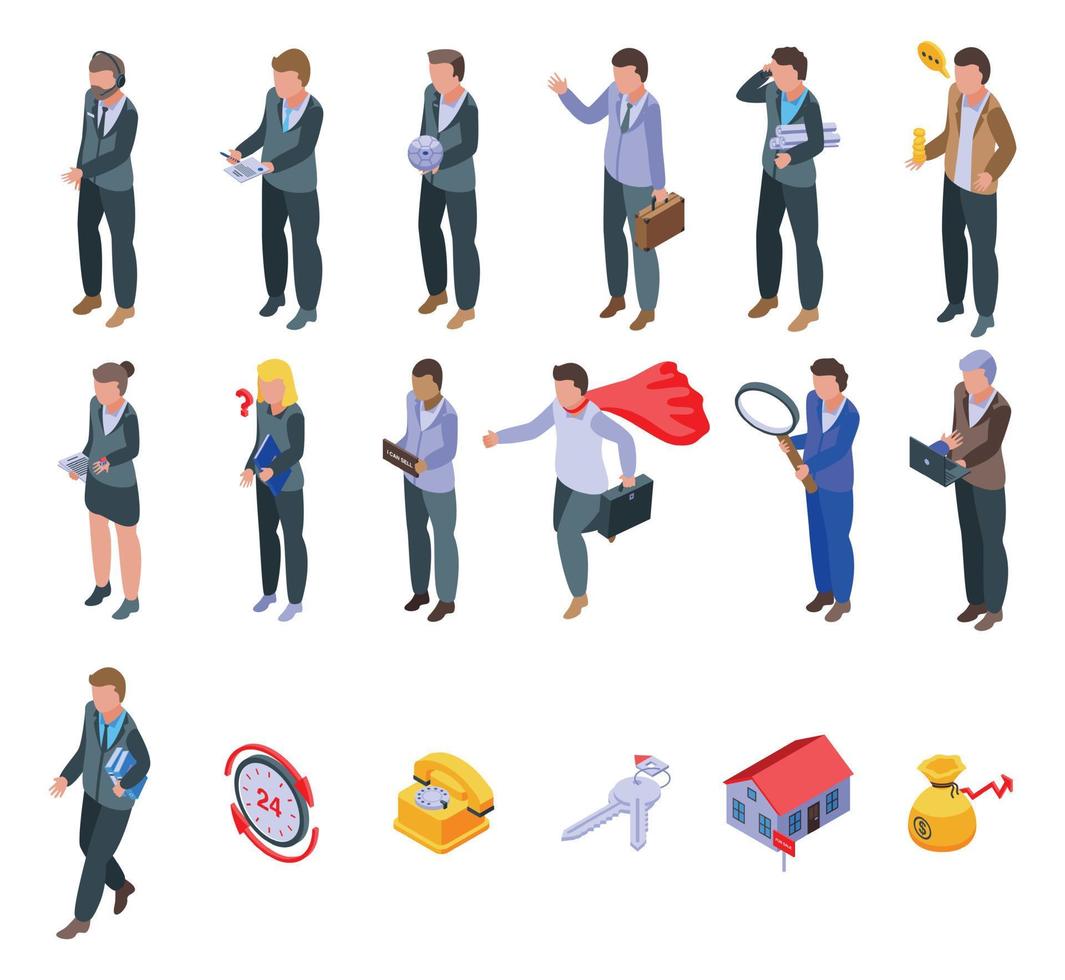 Agent icons set, isometric style vector