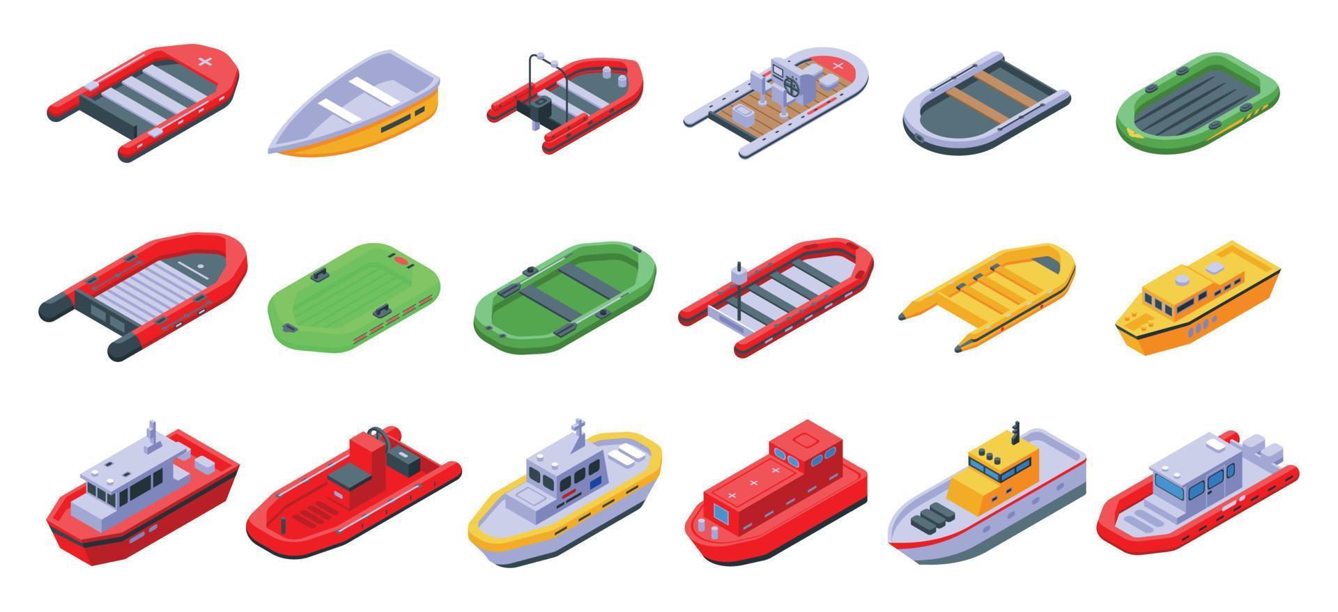Rescue boat icons set, isometric style vector