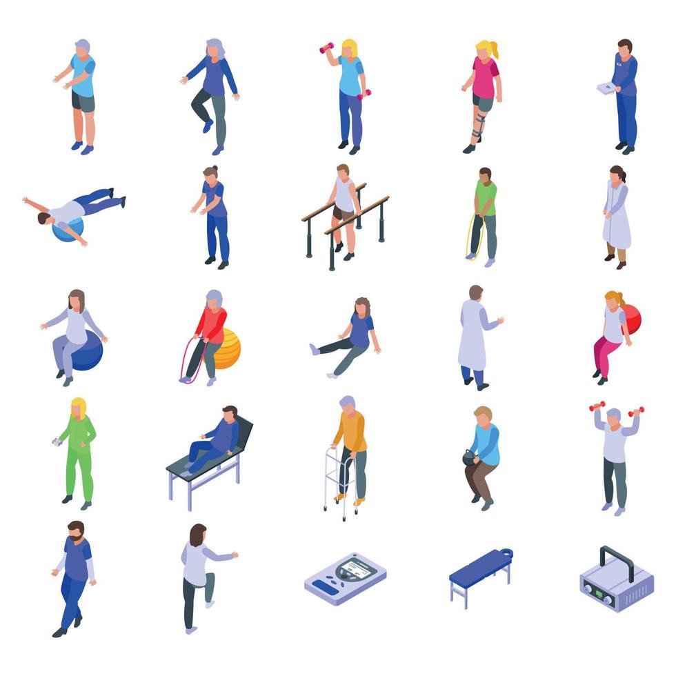 Physical therapist icons set, isometric style vector