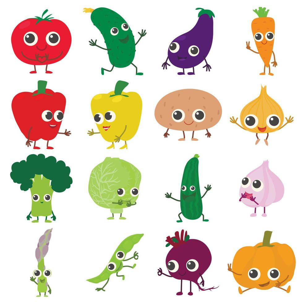 Smiling vegetables icons set, cartoon style vector