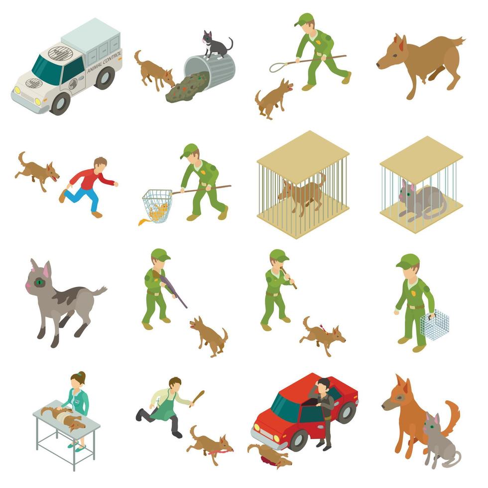 Stray animals icons set, isometric style vector