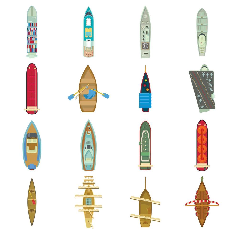 Boat top view above over icons set, cartoon style vector