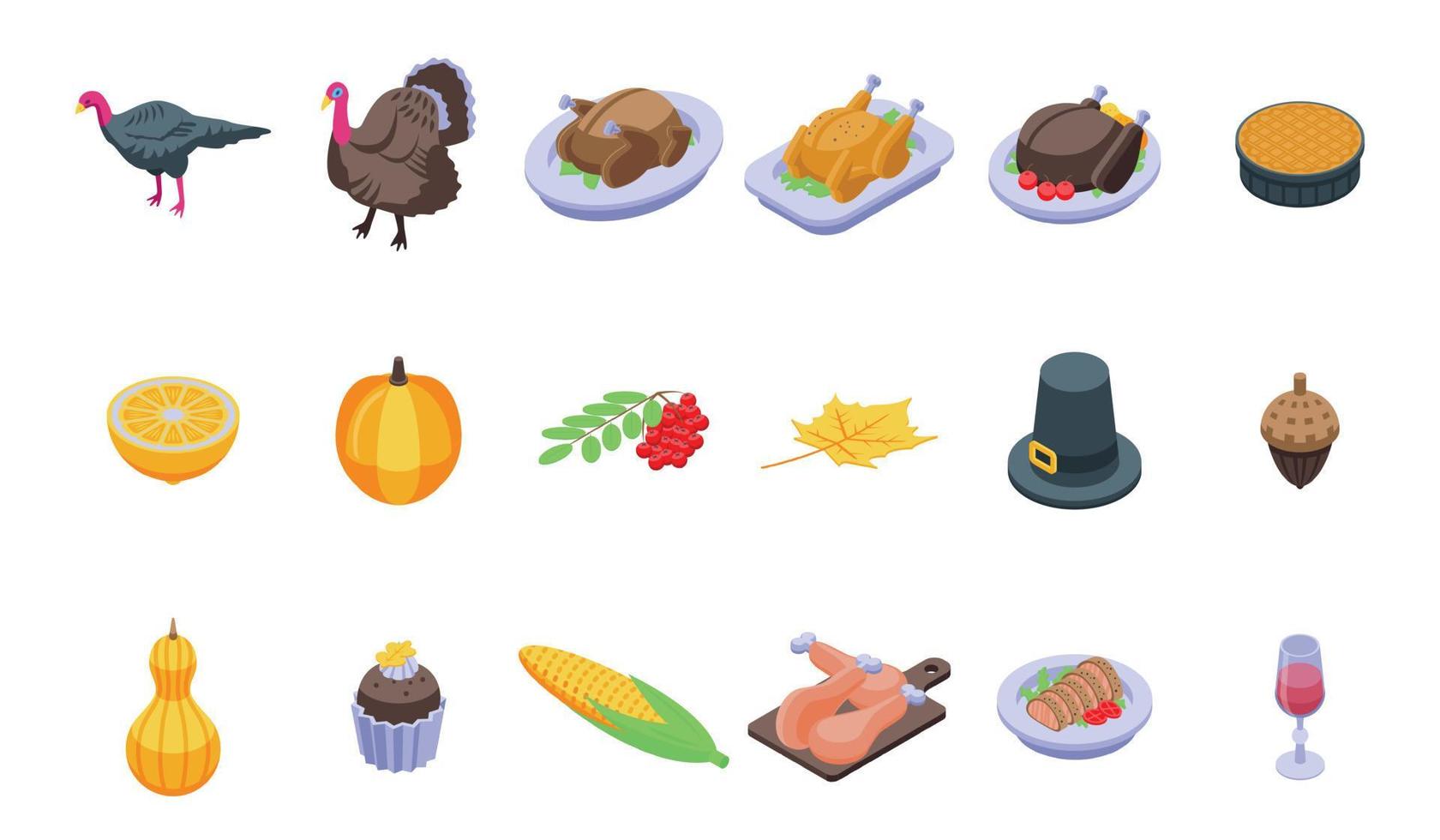 Thanksgiving turkey icons set, isometric style vector