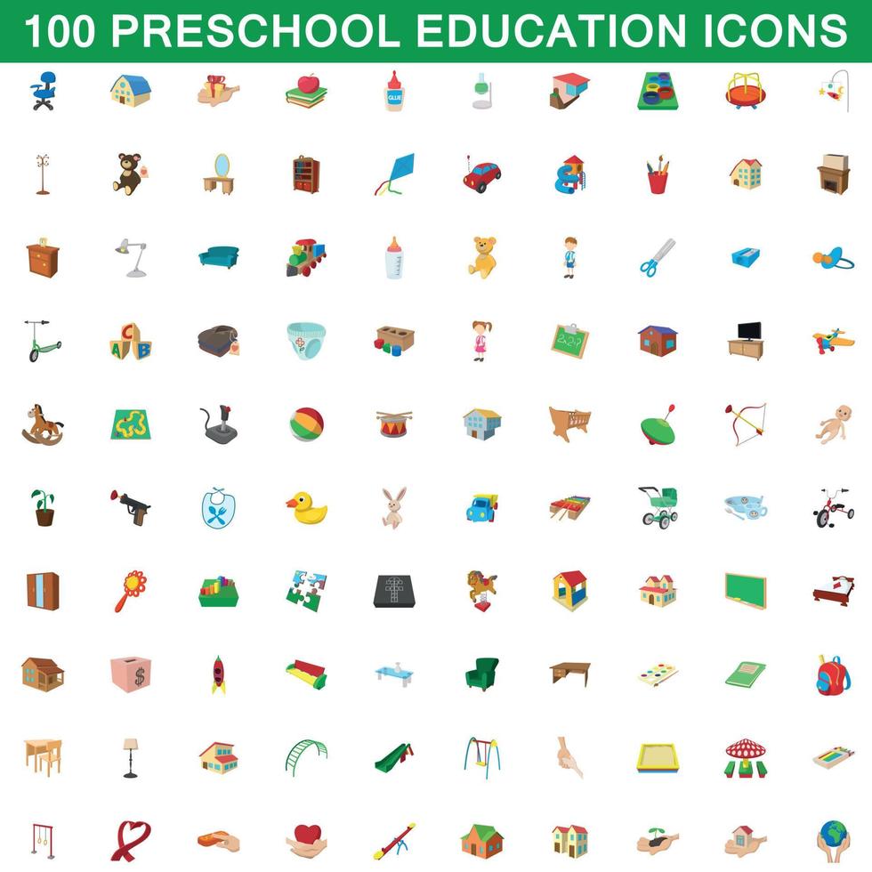 100 iconos de educación preescolar, estilo de dibujos animados vector