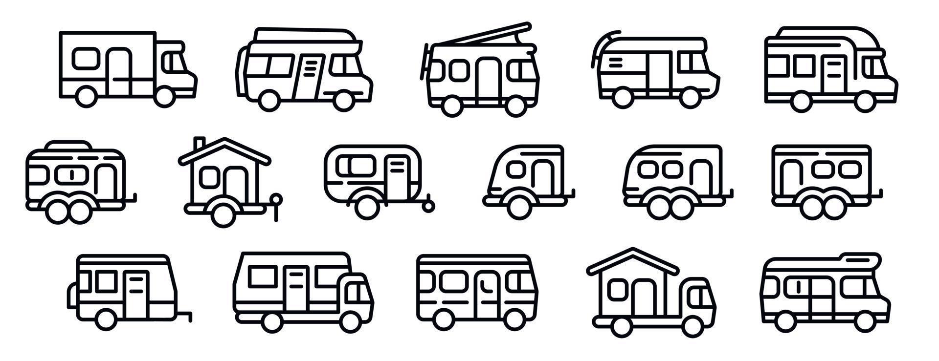 conjunto de iconos de autocaravana, estilo de contorno vector