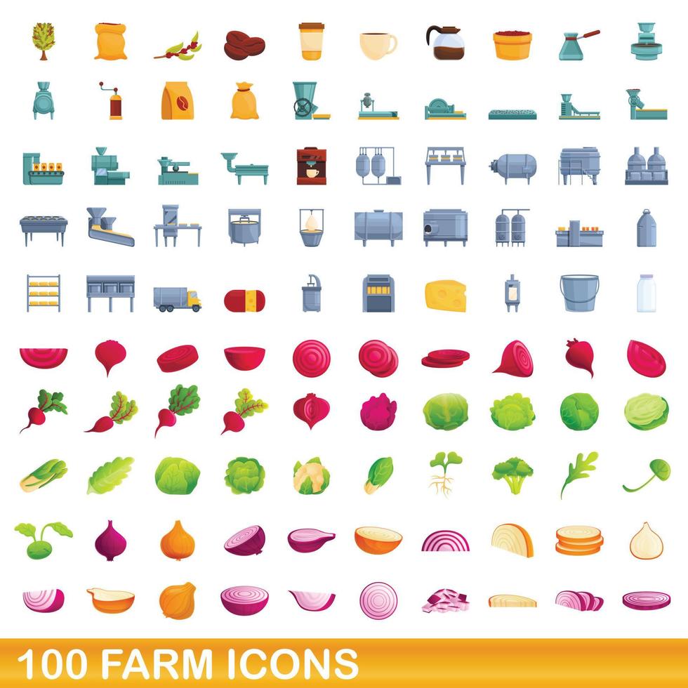 100 farm icons set, cartoon style vector