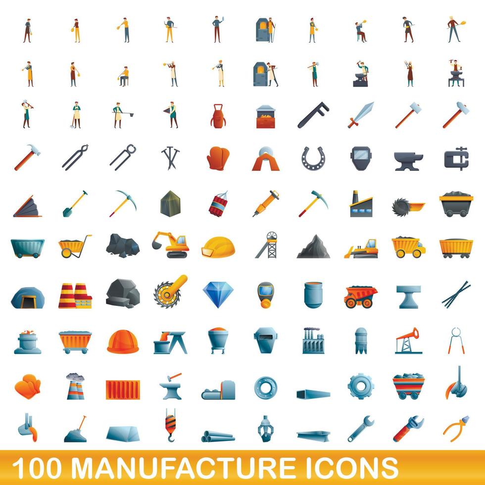 100 fabricación, conjunto de iconos de estilo de dibujos animados vector