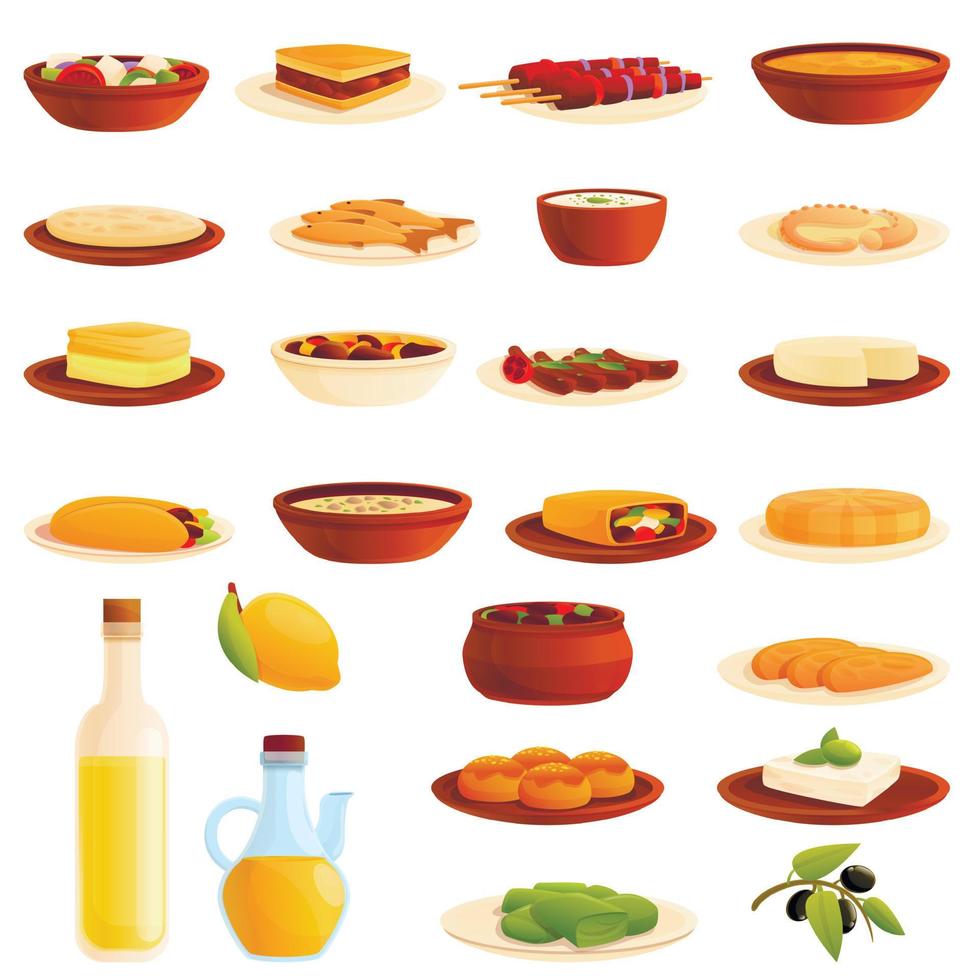 Greece food icons set, cartoon style vector