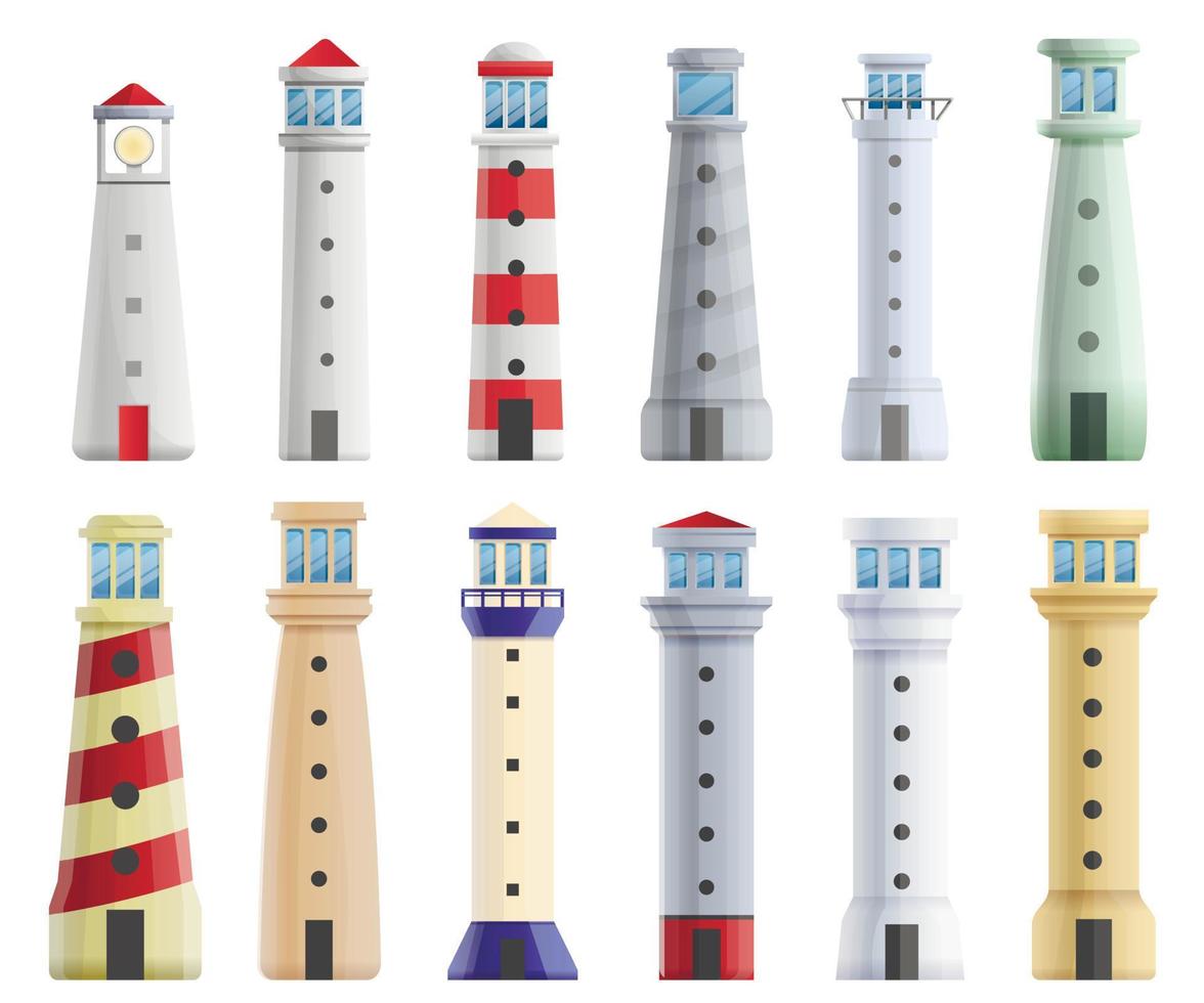 Lighthouse icons set, cartoon style vector